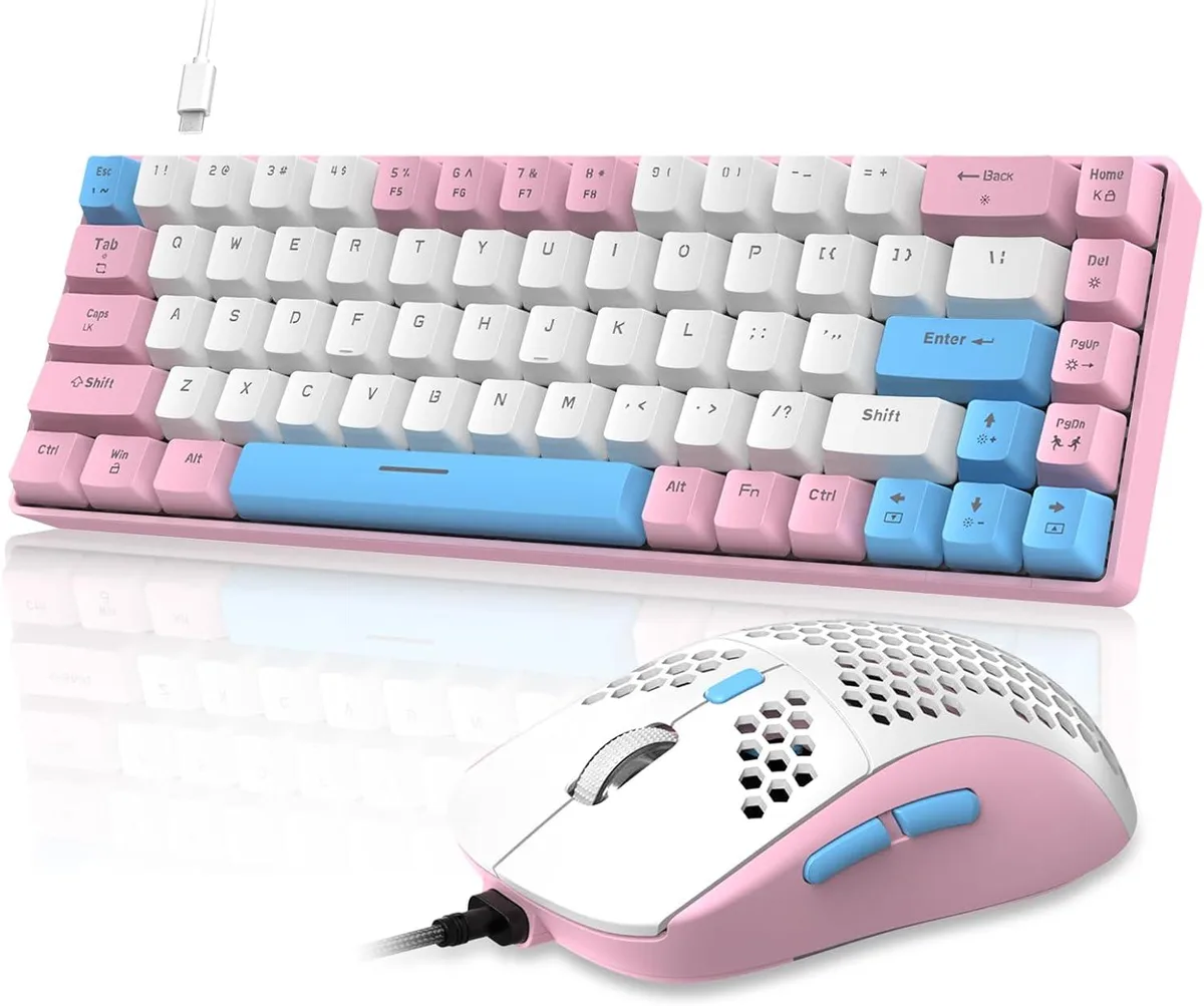 BFKK BFKK 68-Key 60% Wired Mechanical Gaming Keyboard &amp; Mouse Combo, Pink/White — product photo