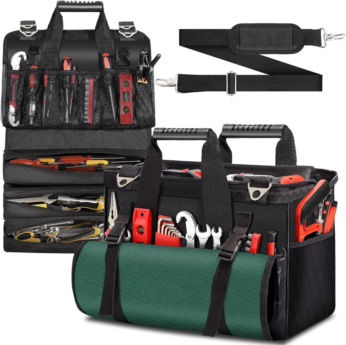 Green 17-inch heavy-duty tool tote with 27 pockets and adjustable shoulder strap