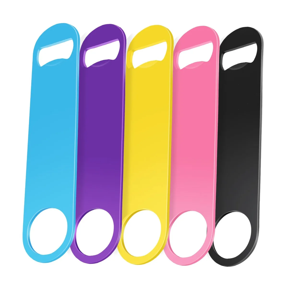 Five stainless steel bottle openers, 7 inches long, powder-coated in black, purple, blue, yellow and pink