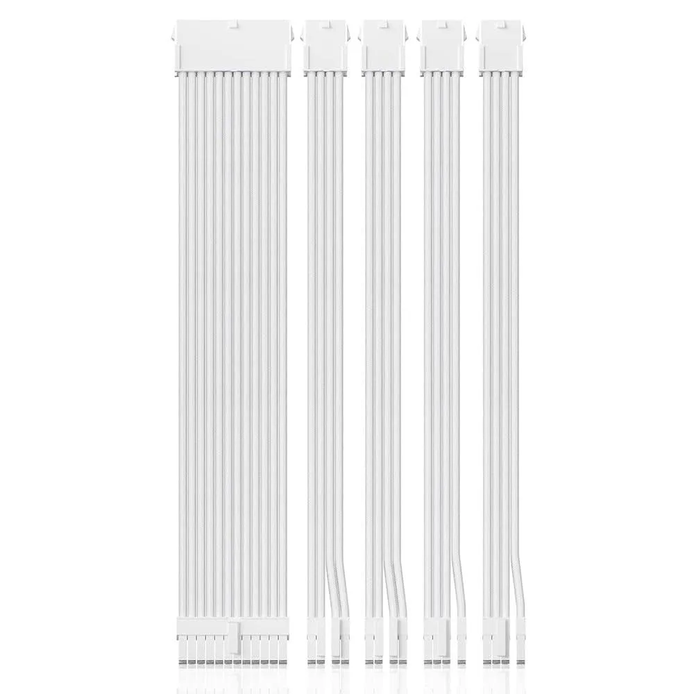 White sleeved PSU extension kit with 24-pin, EPS and PCIe cables plus combs
