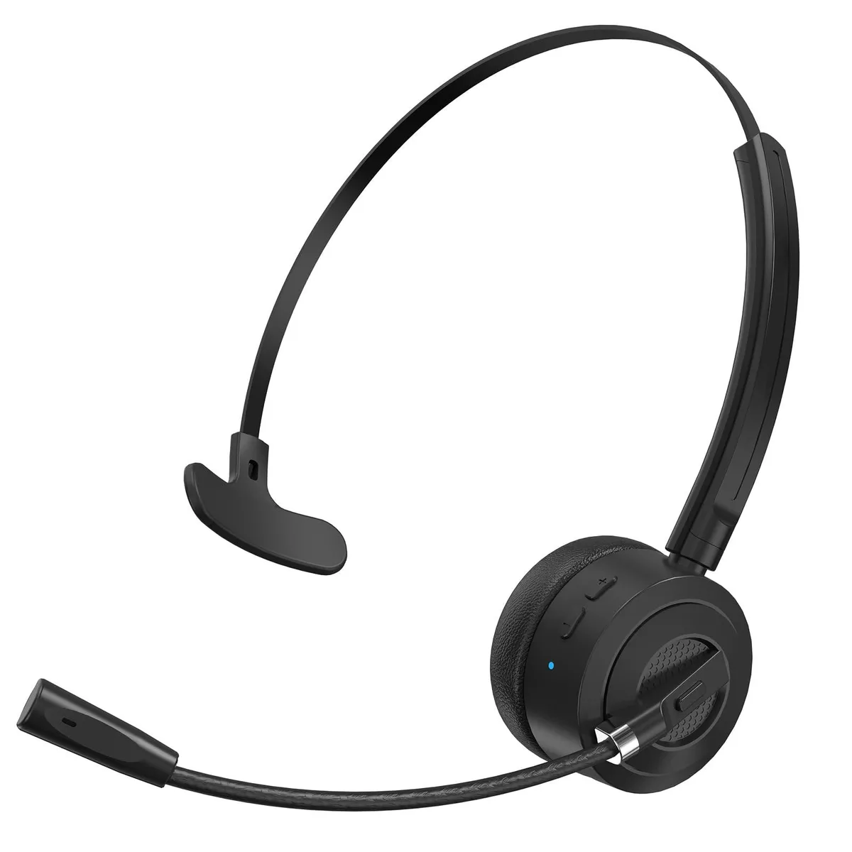 Black single-ear over-ear Bluetooth headset with adjustable headband, leatherette cushion and rotatable boom microphone