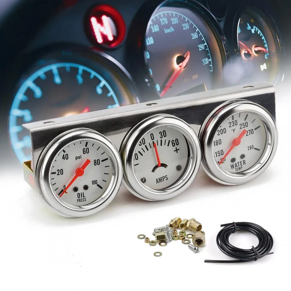 Dyno Racing Dyno Racing 52mm Chrome Triple Gauge Kit Oil Pressure Water Temp Amp Meter White Face — product photo