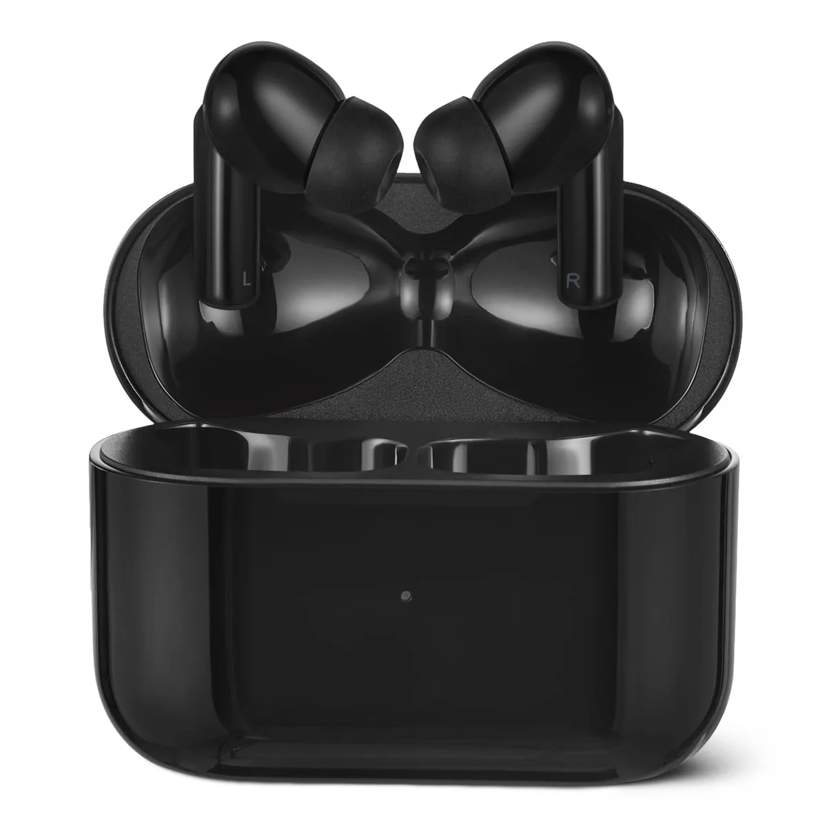 Black true wireless earbuds with matte charging case and USB-C cable