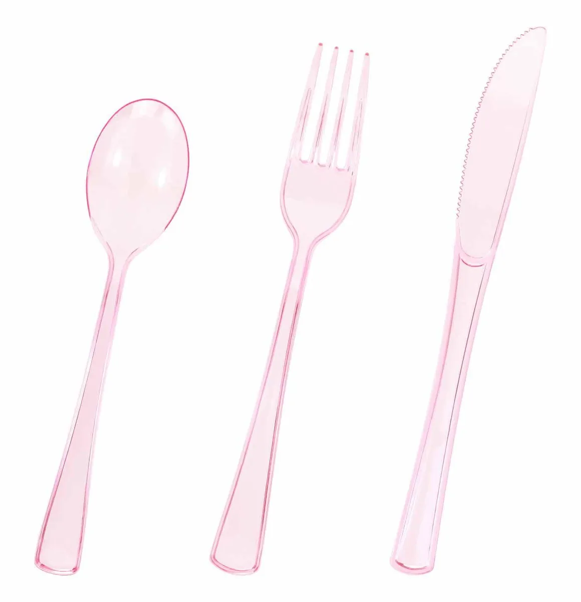 Light pink clear plastic knives, forks and spoons, 75 pieces in a rectangular box