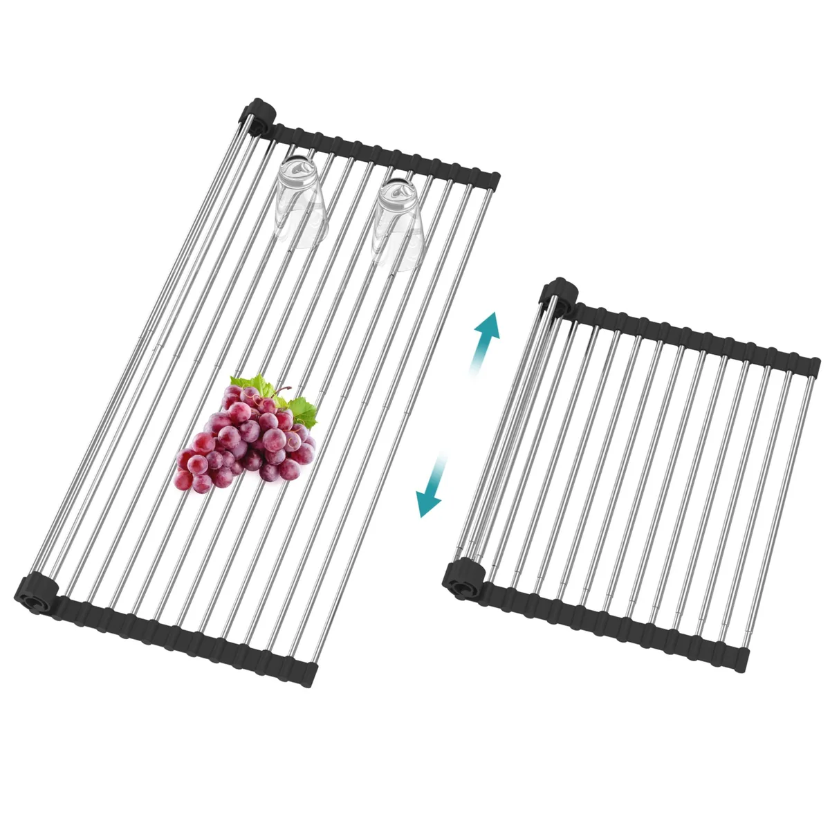 Red expandable roll-up rack with 16 stainless steel tubes over sink