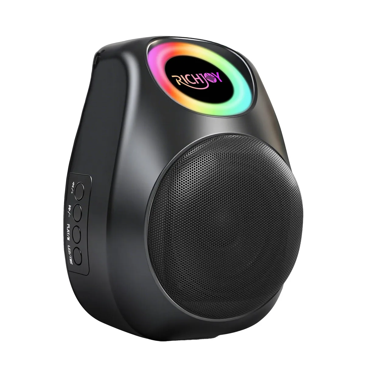 Black cube portable speaker with 6.5 inch driver and LED lights