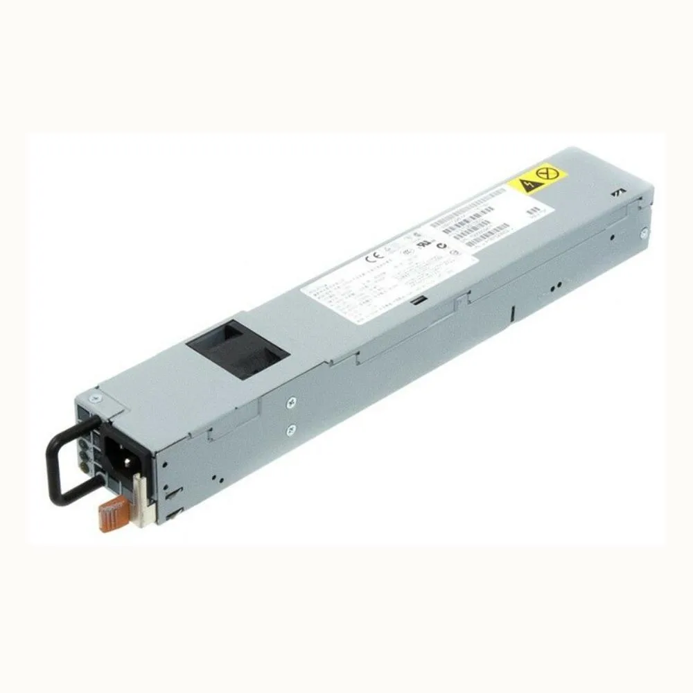 Rectangular metal power supply unit with rear fan grille and side label