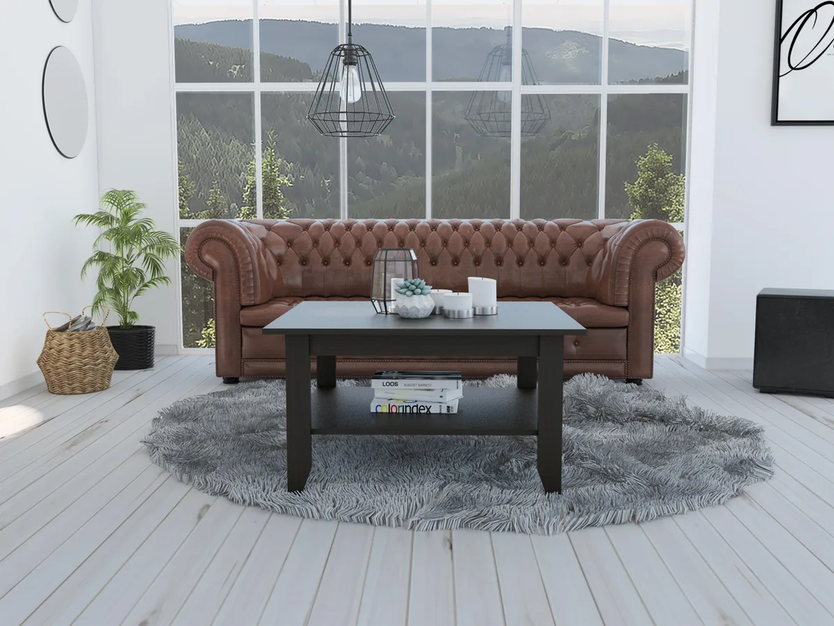 Black rectangular coffee table with two tiers and lower shelf