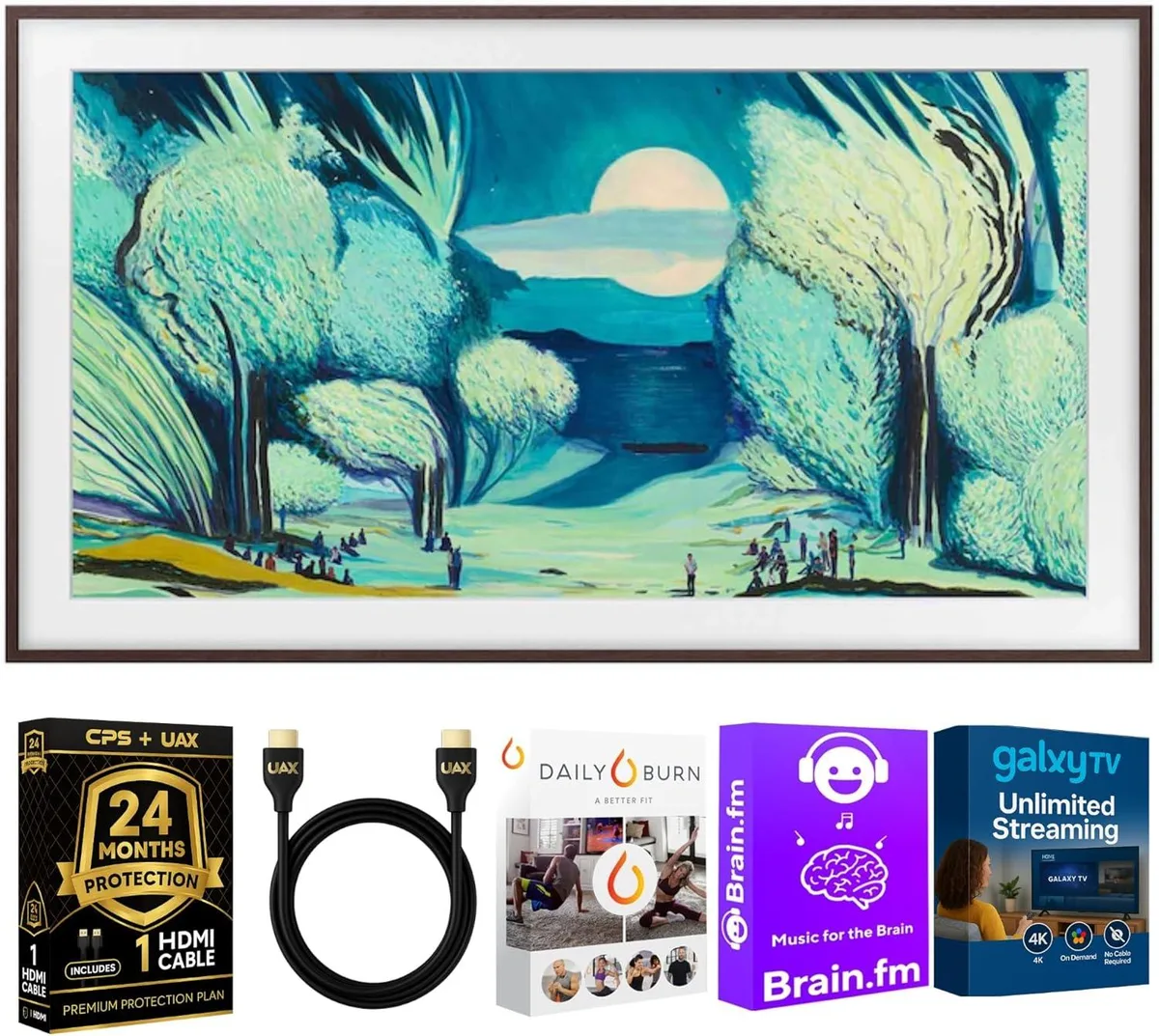 65 inch QLED TV in modern brown finish, slim frame design, wall mounted display showing artwork