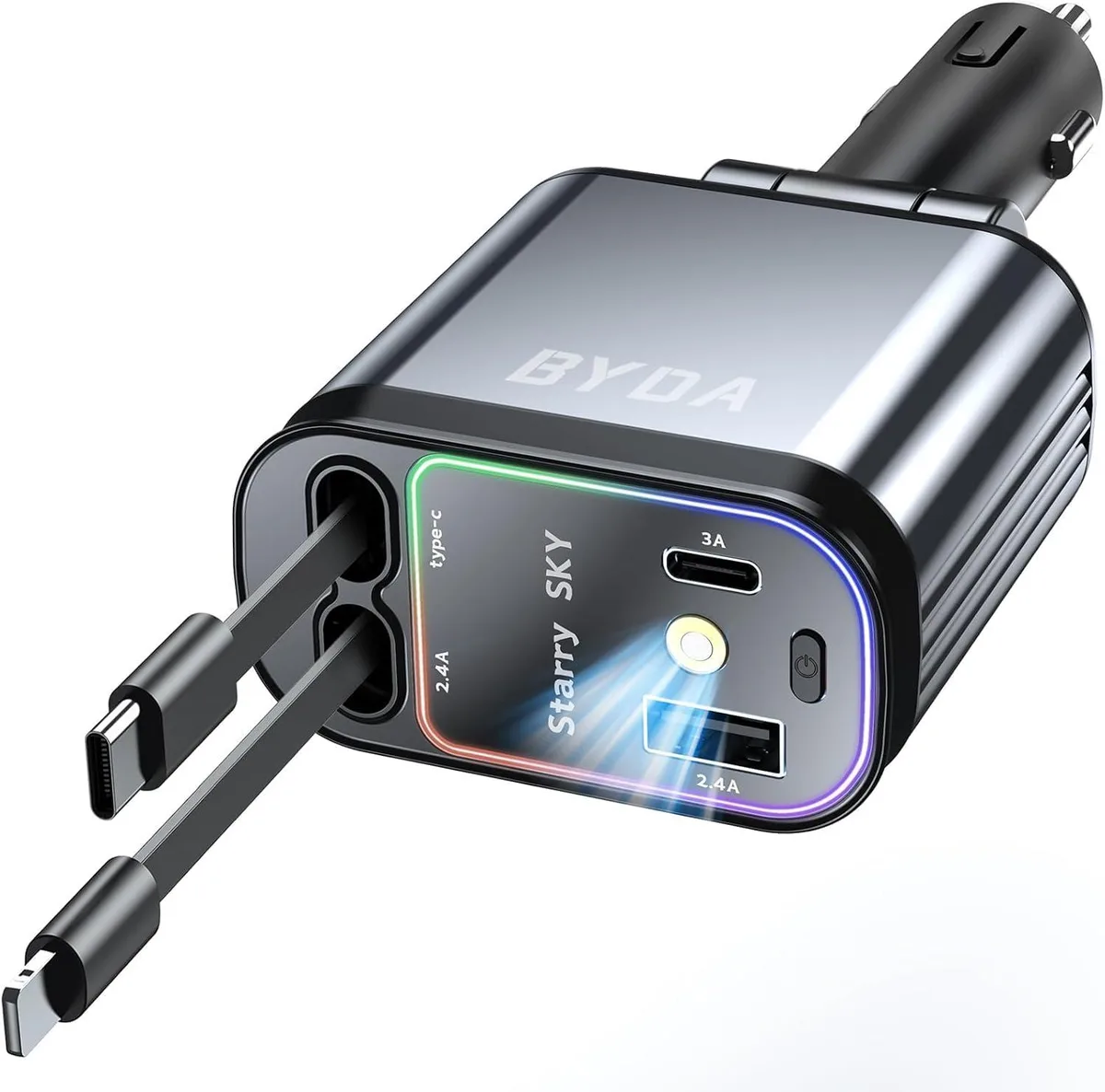 Leelbox Leelbox 4-in-1 Retractable Car Charger 69W Starry Light Lightning+USB-C — product photo