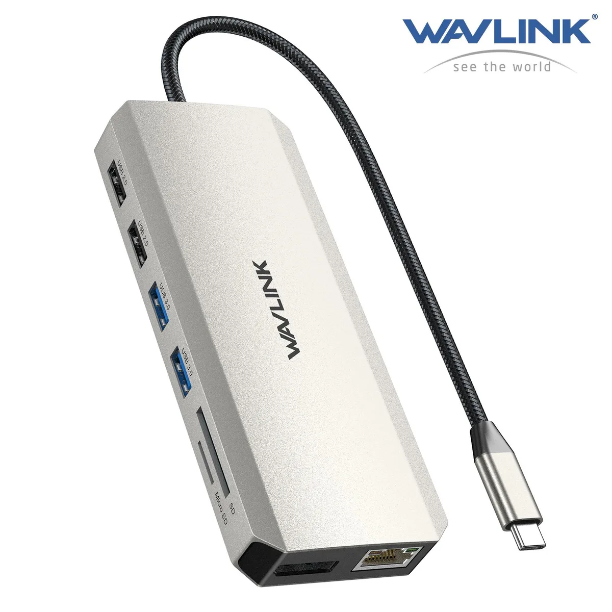 Silver-grey rectangular docking station with multiple ports on both sides