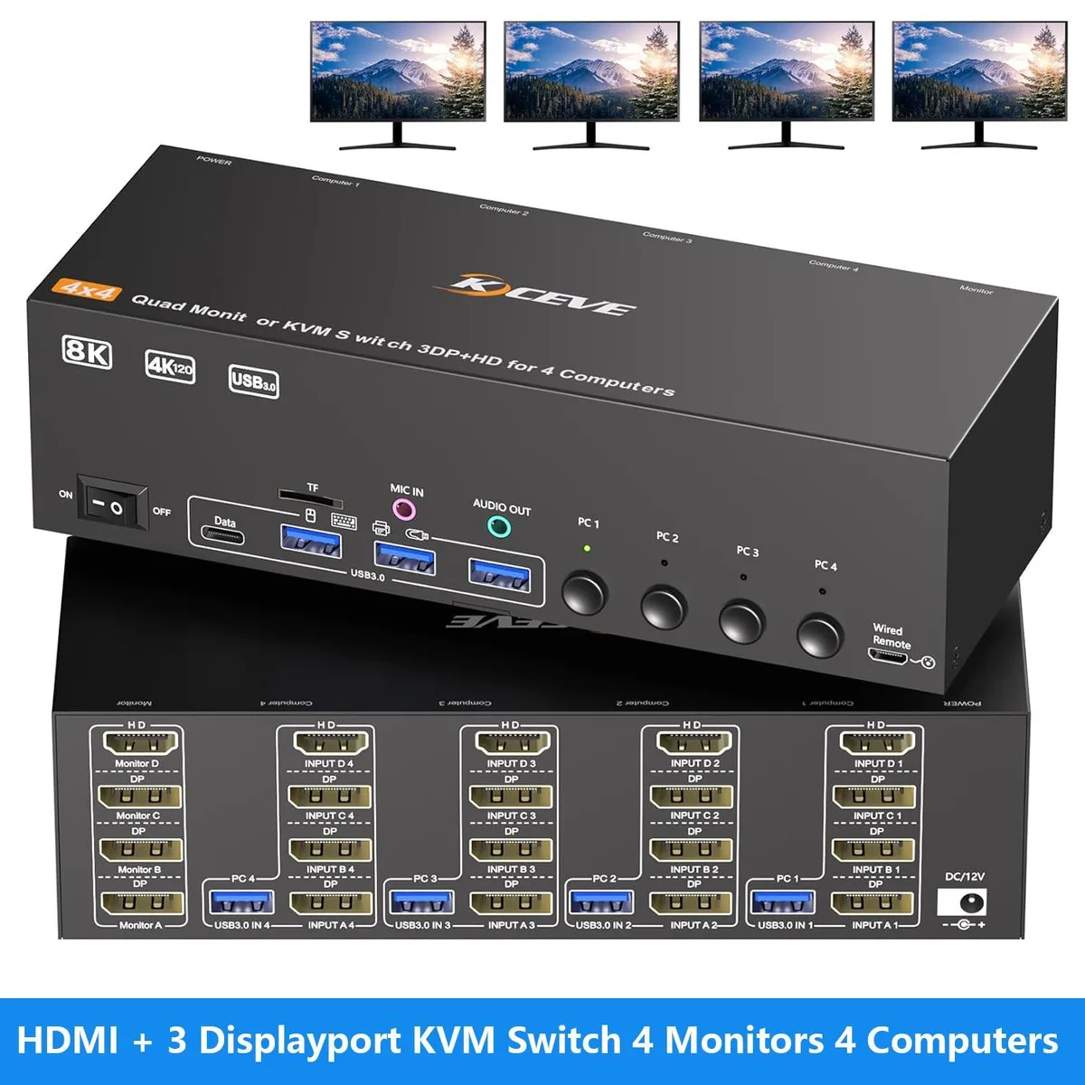 WRIARICH WRIARICH KC-404DH HDMI 2.1 + 3 DP 1.4 KVM Switch 4-Port 8K@30Hz 4K@120Hz Wired Remote — product photo