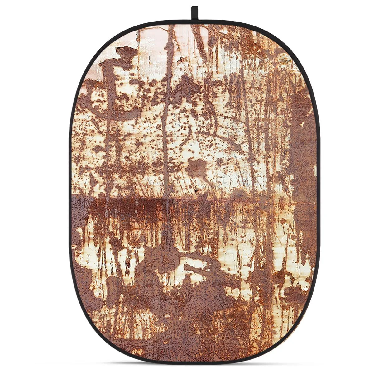 Collapsible fabric backdrop with rusty wall print, folds compactly
