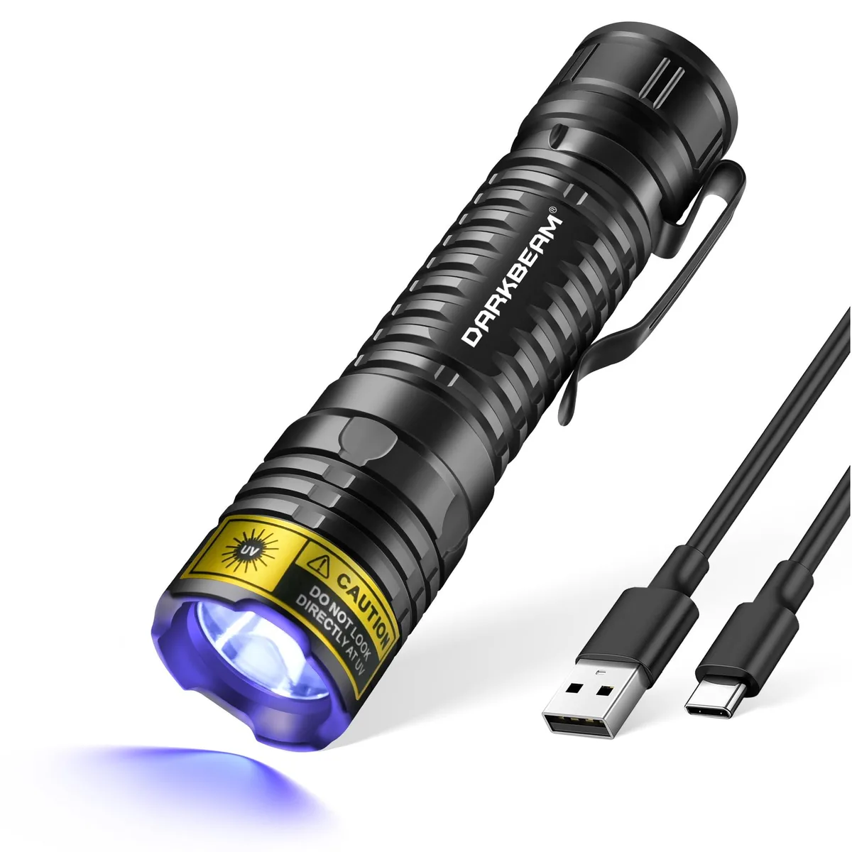 Compact UV flashlight, 3.74 by 0.79 inches, aluminium finish, USB-C port, pocket clip