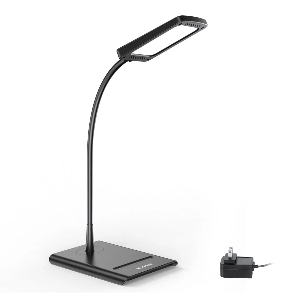 Black rectangular desk lamp with flexible gooseneck and slim base