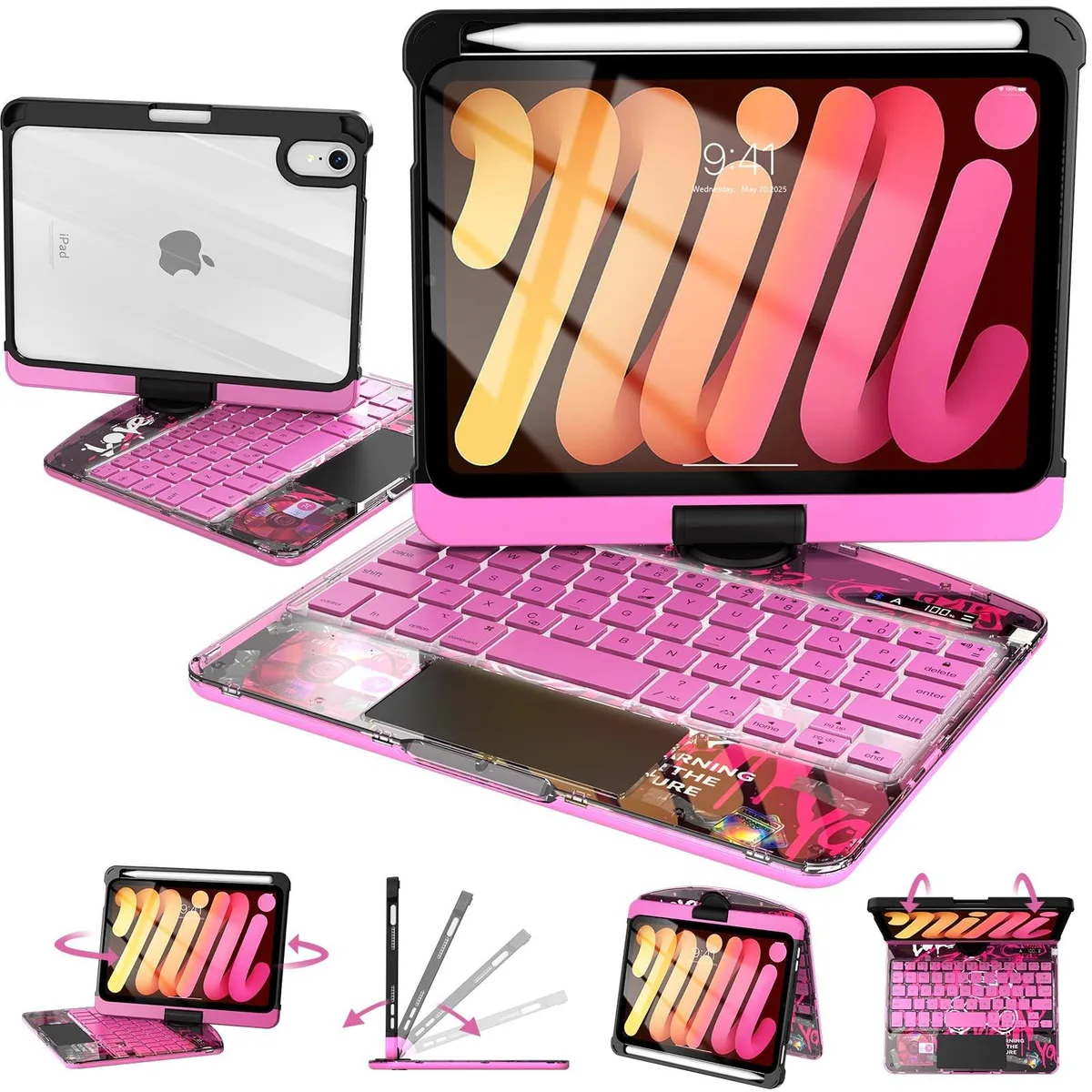 Adafruit Adafruit Keyboard Case for iPad mini 7 &amp; 6 8.3" 360 Swivel Trackpad Blush Pulse 2 in 1 accessory — product photo