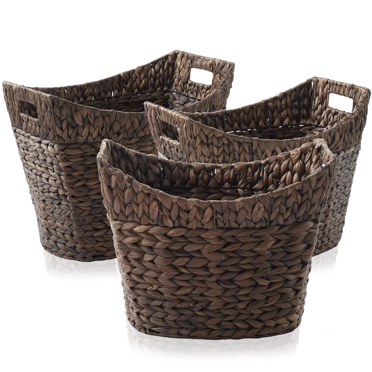 Three oval woven baskets in espresso, nested by size, with integrated handles