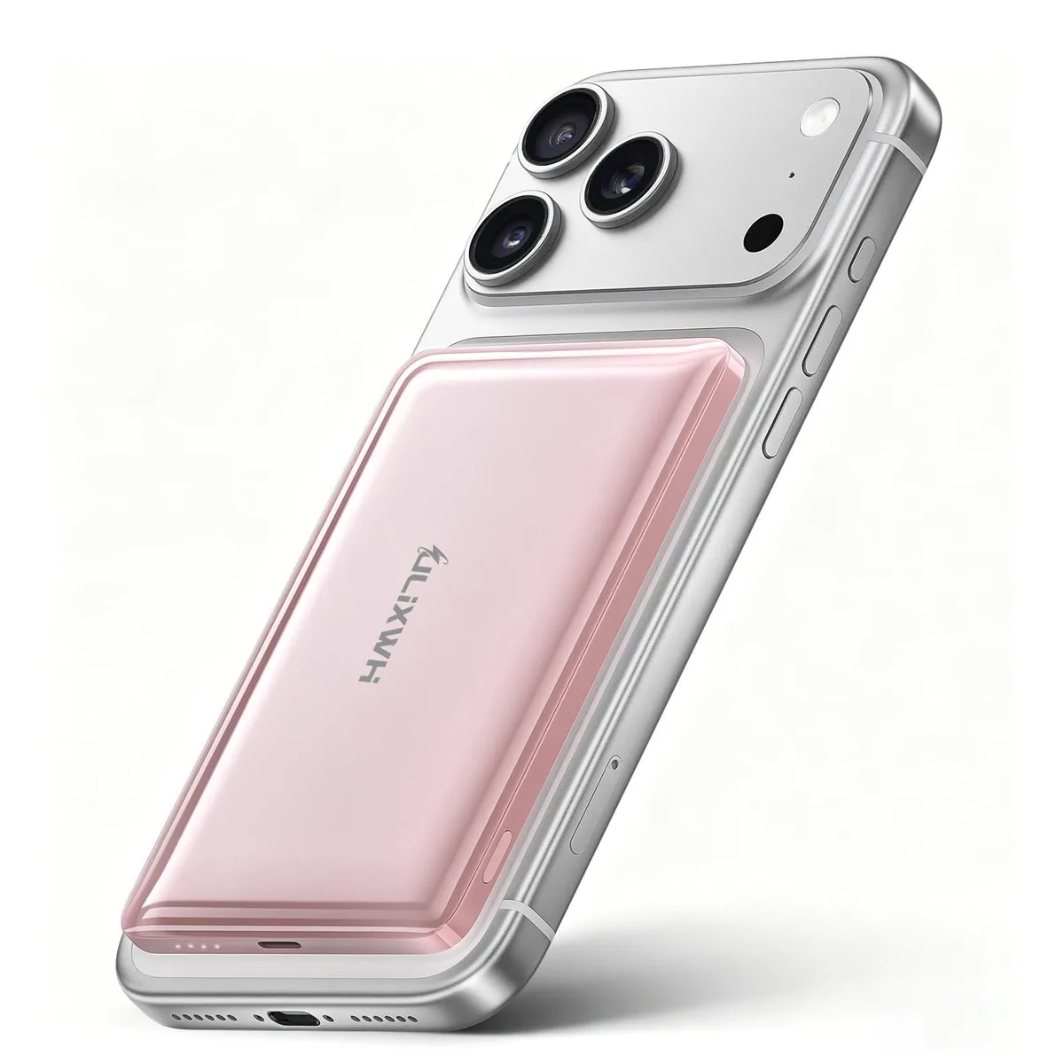 Pink ultra-slim magnetic power bank with USB-C port, credit-card sized