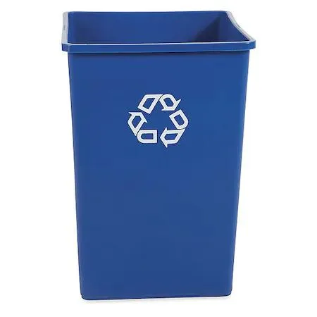 Blue square plastic recycling bin, 35 gal capacity, open top with recycle symbol