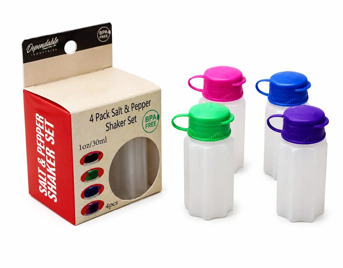 Four small square plastic shakers in assorted colours with snap-top lids marked S and P