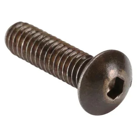 Small black alloy button-head screw with a shallow domed top and a tiny hex socket in the centre