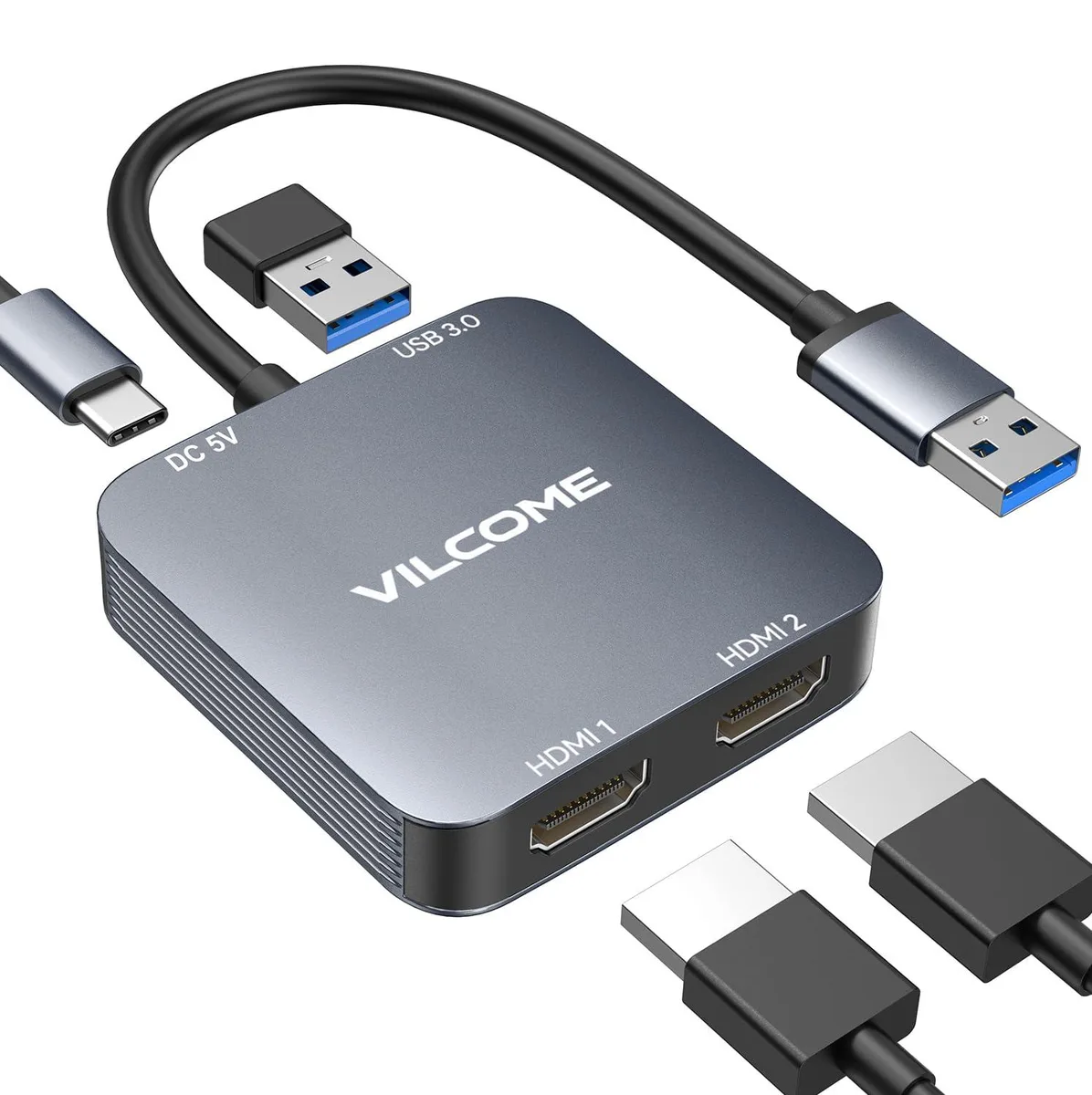 vilcome USB 3.0 to Dual HDMI Adapter with USB 3.0 Port, Gray — product photo