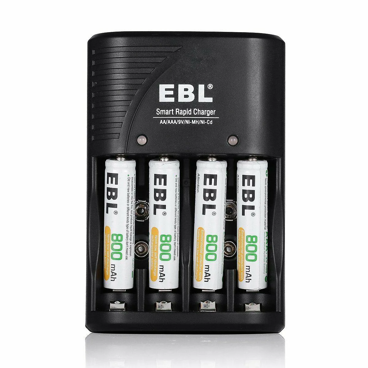 Four AAA batteries and a compact charger with flip-out plug