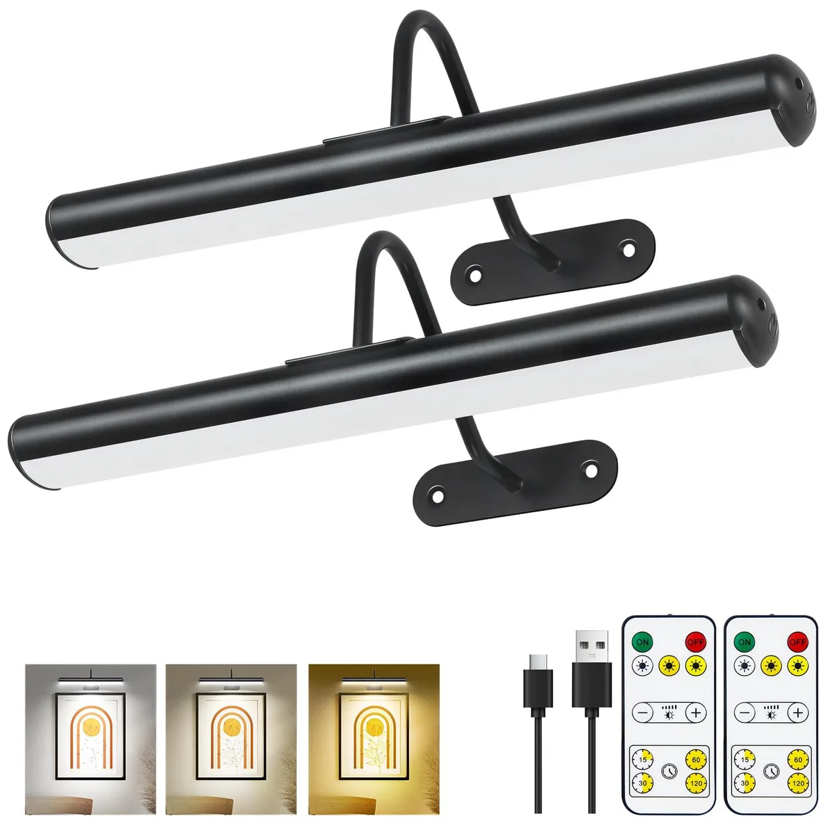 Two black 13-inch aluminium picture lights with magnetic brackets and remote control