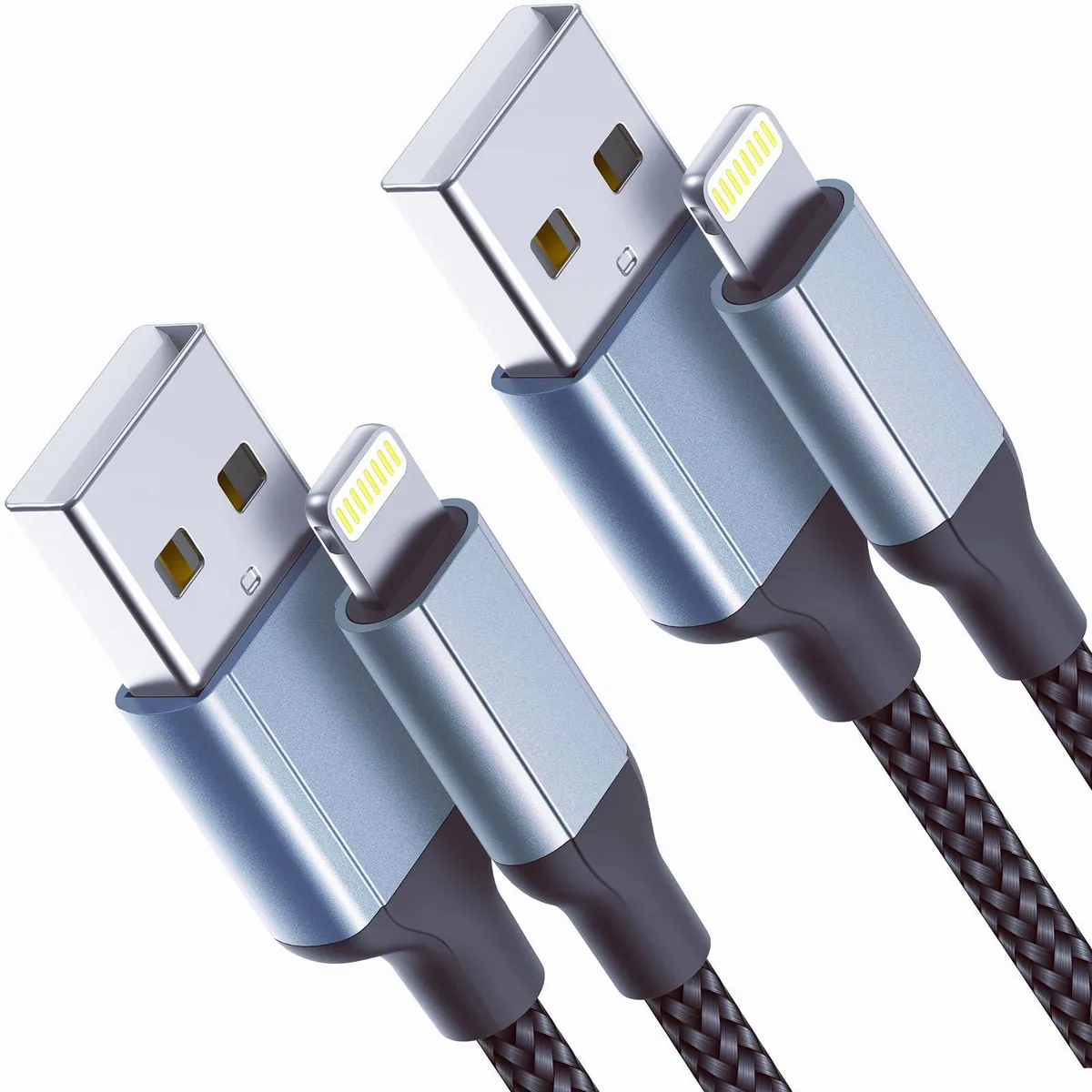 Two black braided USB-A to Lightning cables, 2 ft each, male-to-male connectors