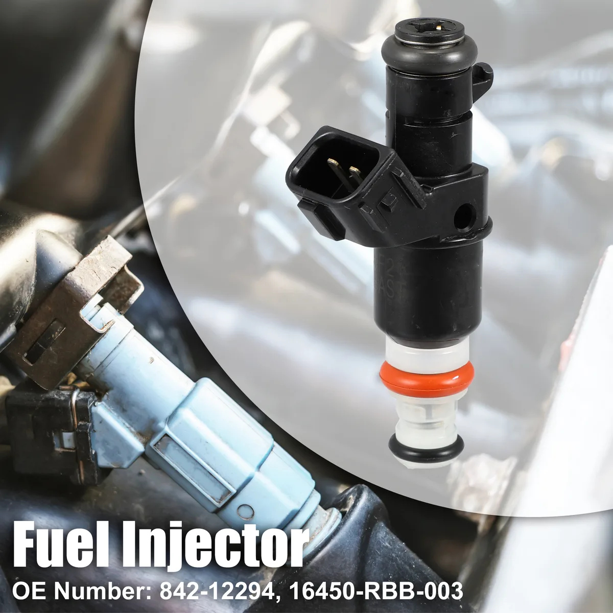 Black metal and plastic fuel injector, 2.76 by 1.38 by 0.67 inches, two pins, eight-hole disc tip