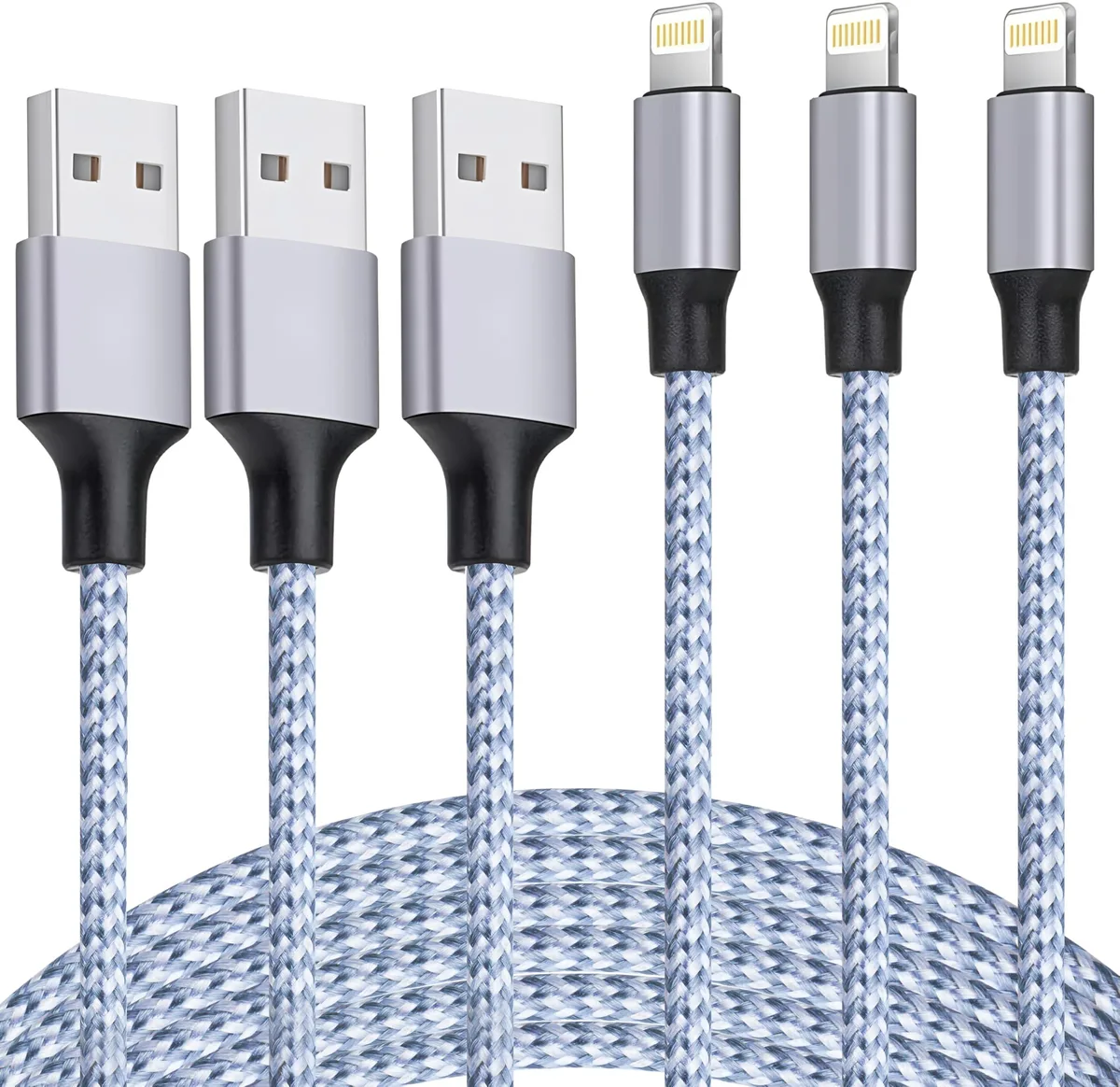 Three silver nylon-braided Lightning cables with USB-A plugs, each six feet long