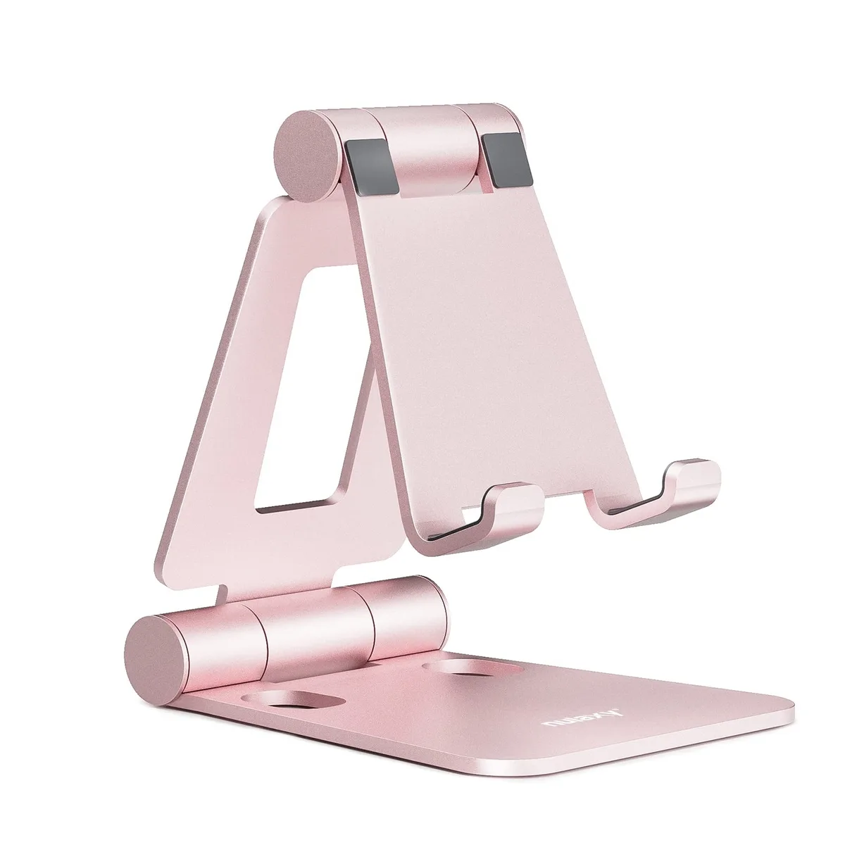 Rose gold aluminum folding phone stand with adjustable arms and rubber pads