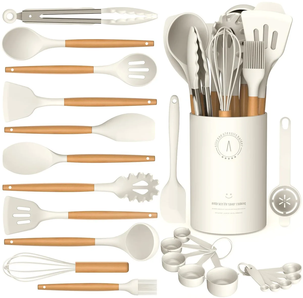 Sixteen cream-white silicone utensils with wood handles in a holder