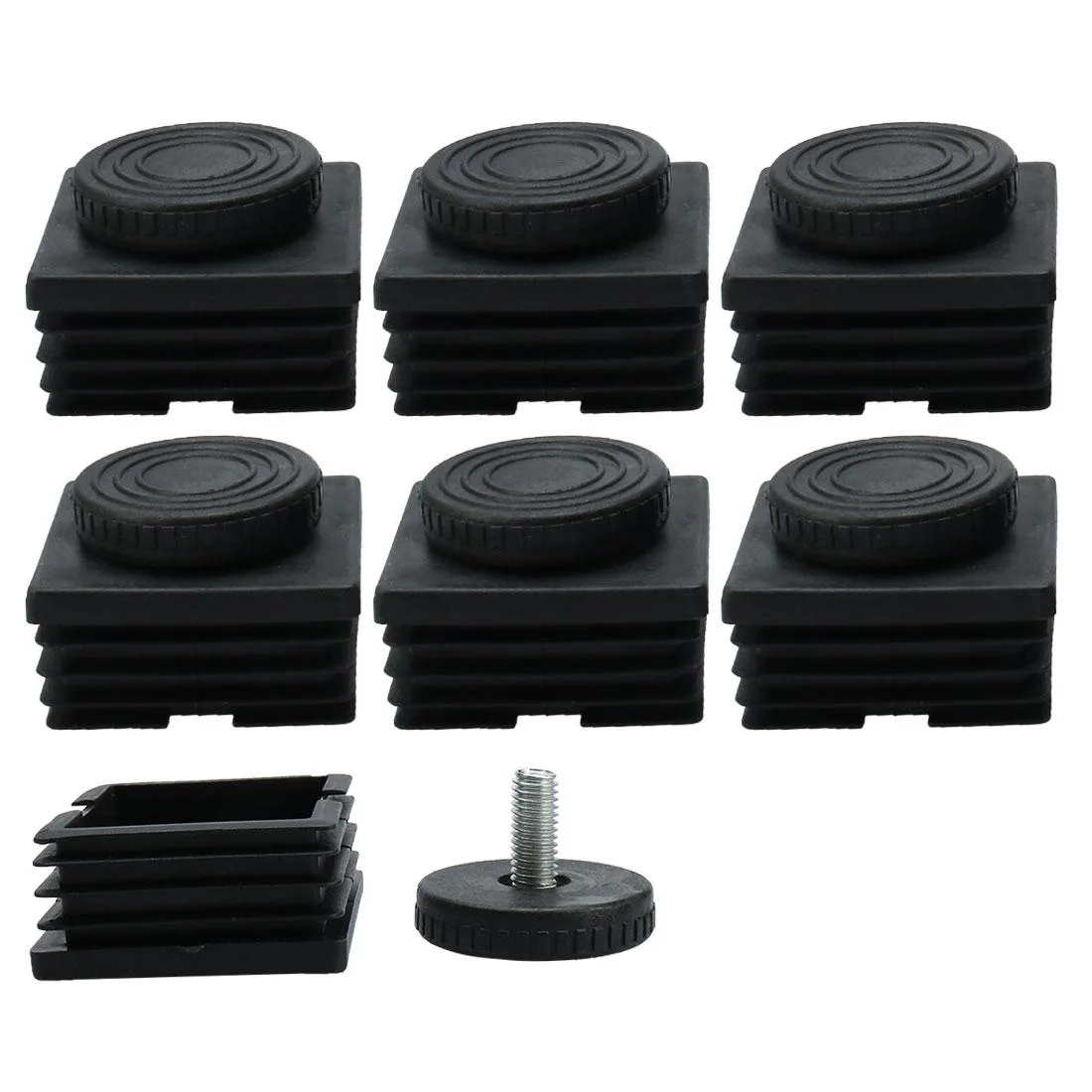 Eight sets of M8 adjustable leveling feet with 50mm square tube inserts and plastic bases