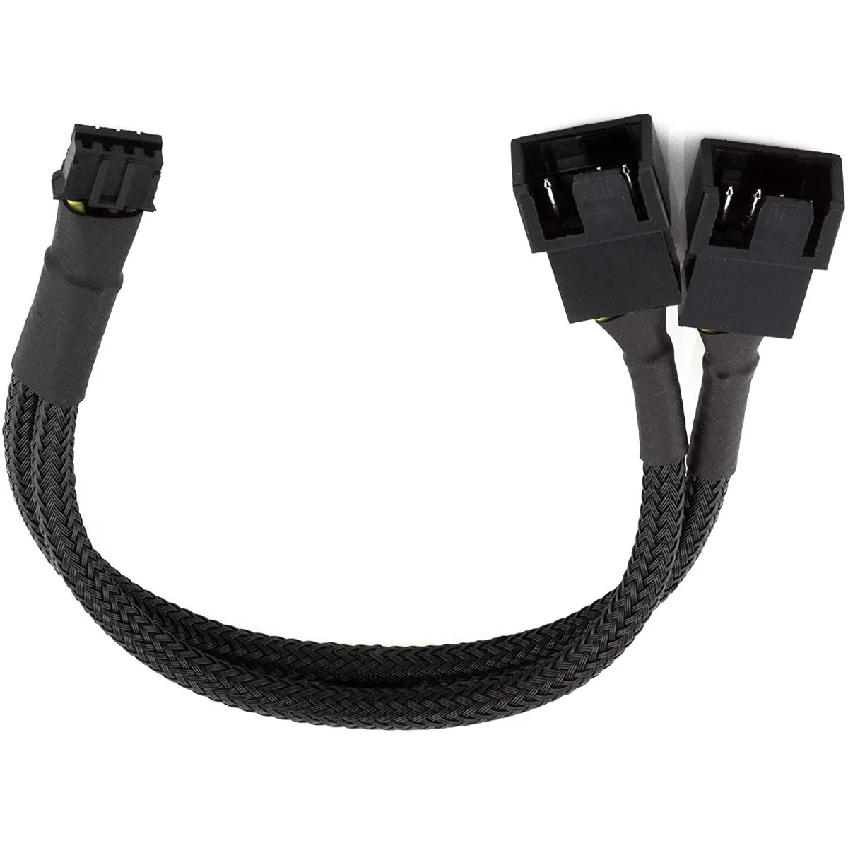 Black 10 cm splitter cable with micro 4-pin GPU input and dual 3-pin and 4-pin PWM fan outputs