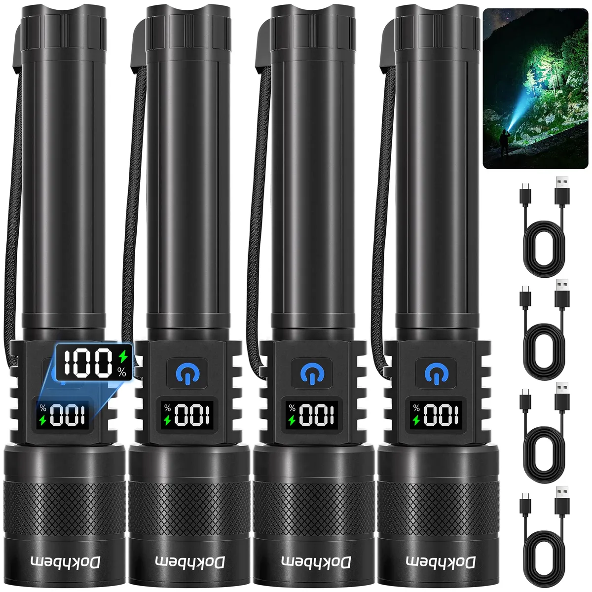Four silver aluminium flashlights with LCD screens and zoom heads, shown as a set