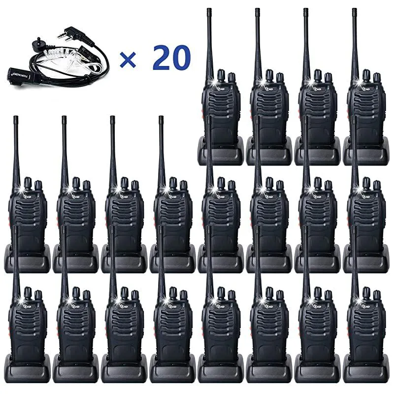 Twenty black two-way radios with acoustic tube earpieces and flashlights