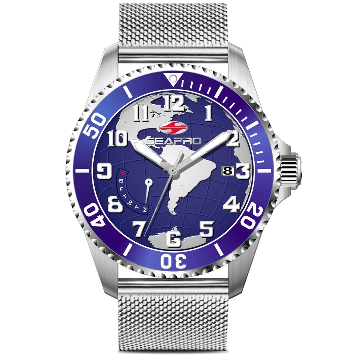 Silver stainless steel watch with blue dial and metal bracelet