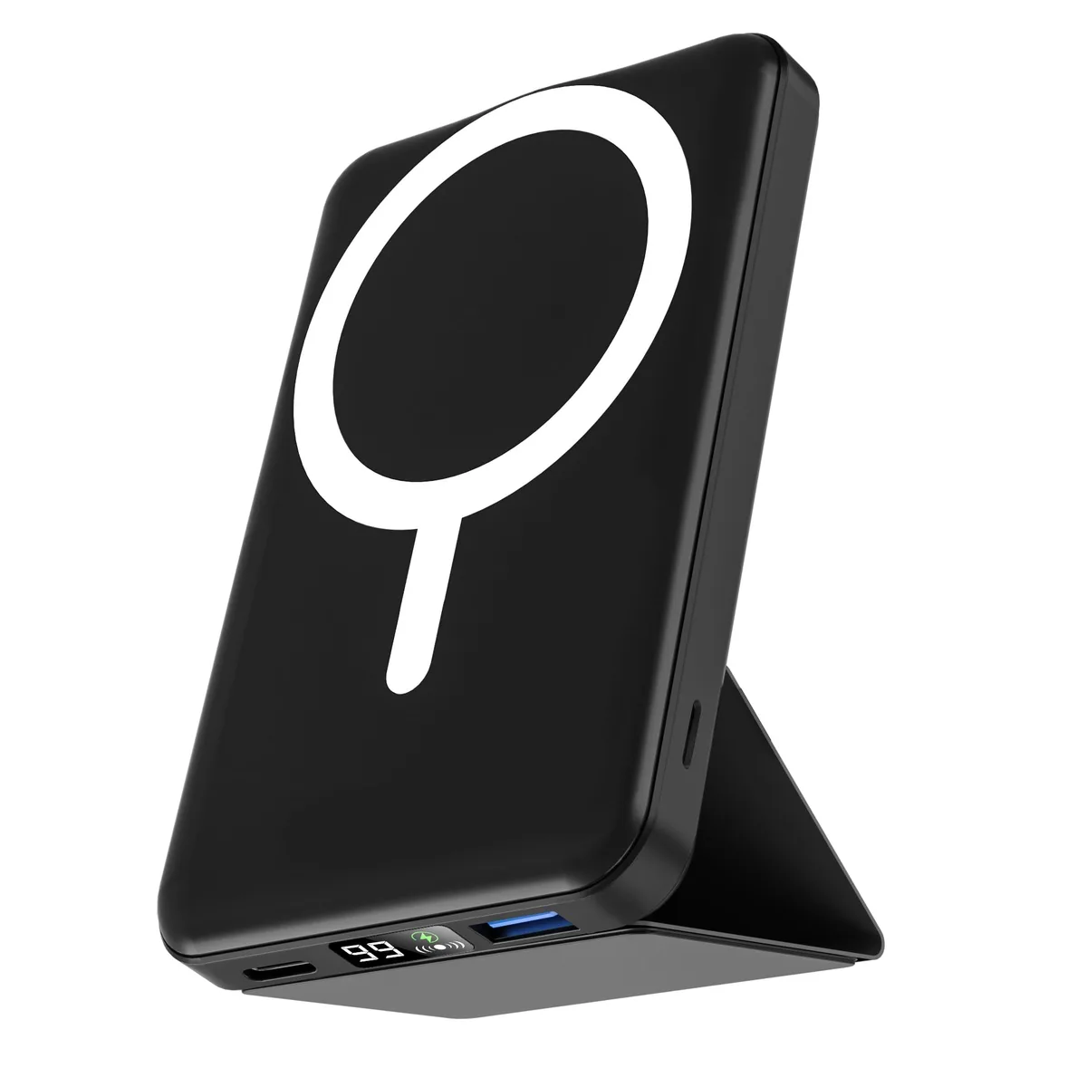Black rectangular foldable power bank with magnetic surface and built-in stand