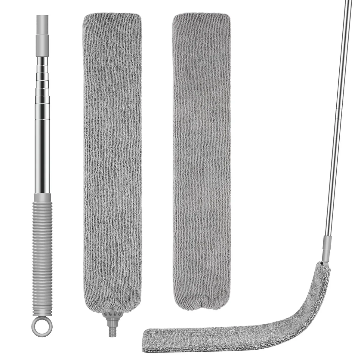 Retractable gap duster with 81 inch extension pole and two microfiber cloths