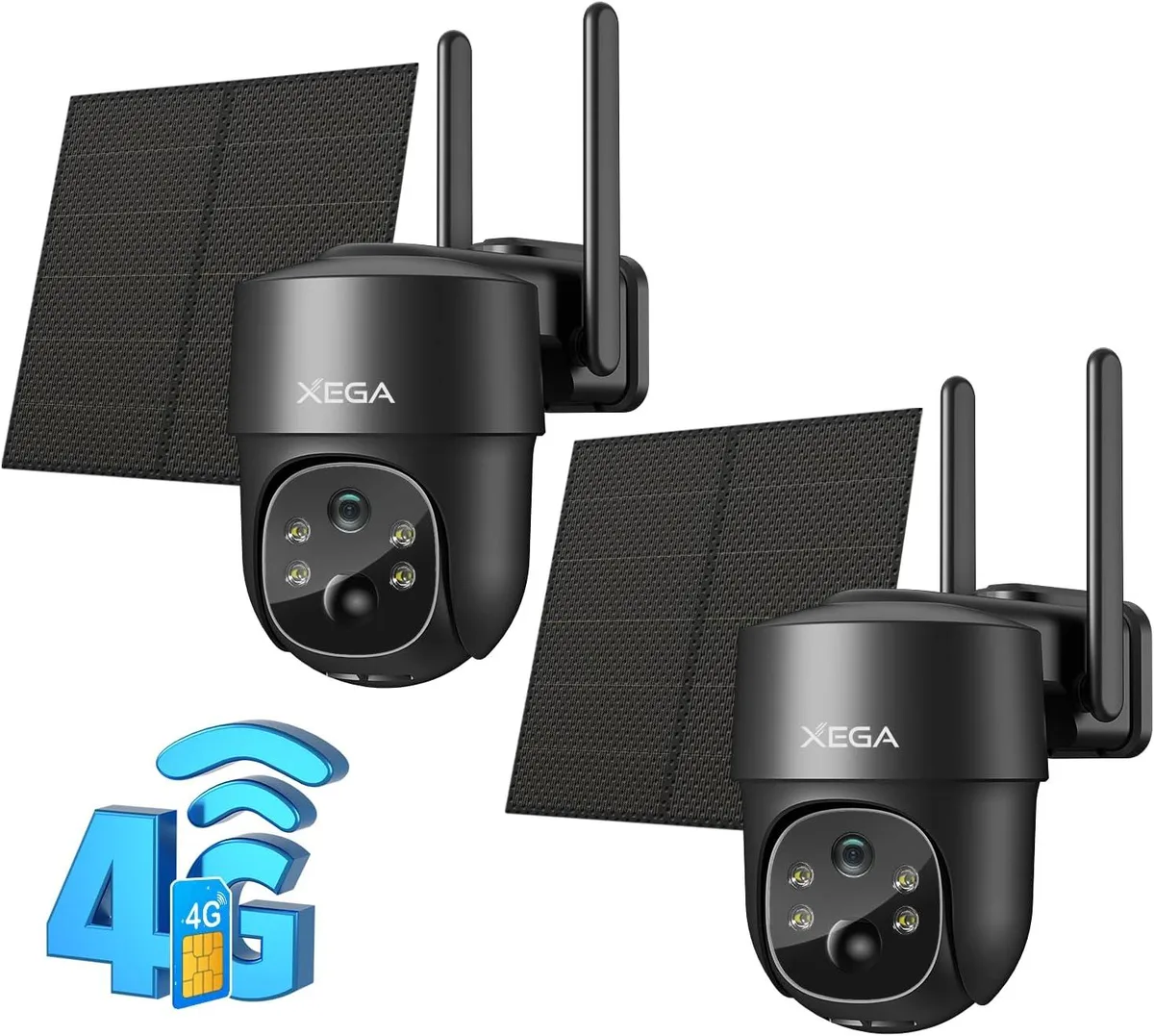 Two white outdoor cameras with solar panels, PTZ lenses, IP66 rated