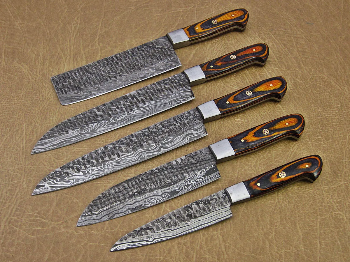 Damascus Depot Damascus Depot 5-Piece Hammered Damascus Steel Knife Set Yellow — product photo