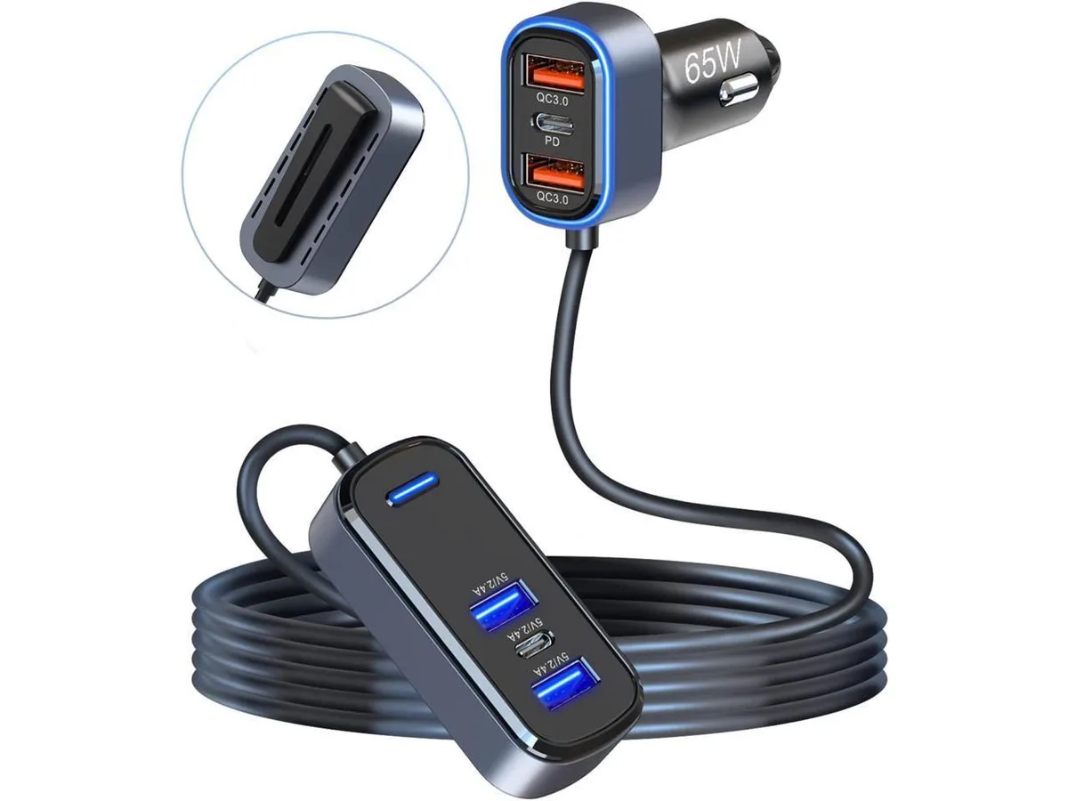 KEHIPI KEHIPI 6-Port 65W USB Car Charger with 5ft Extension Cable & Back Clip — product photo