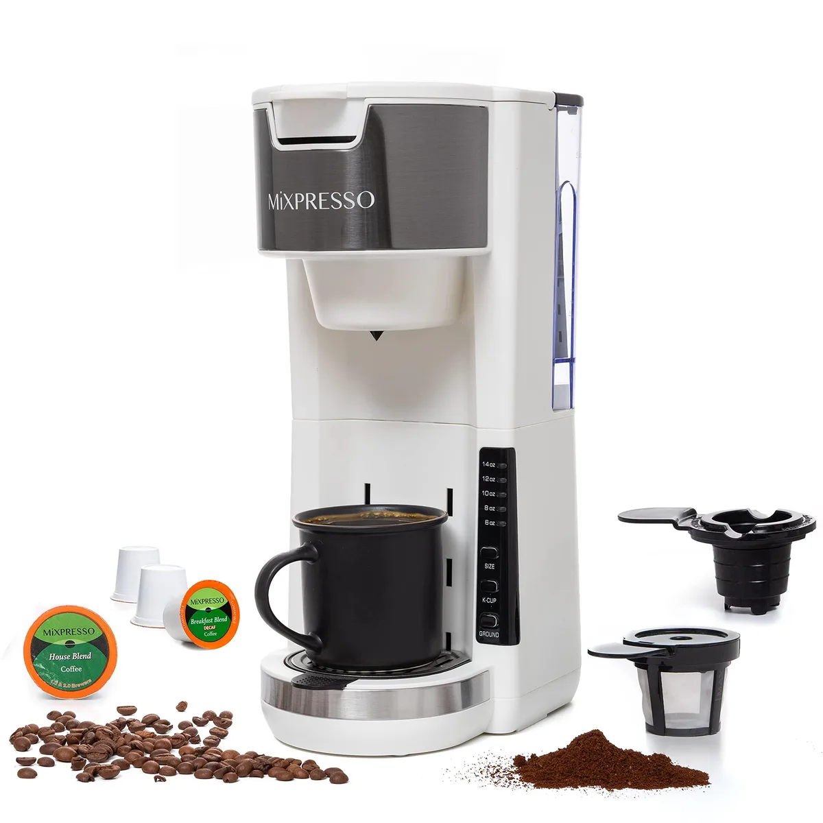  Mixpresso White 2 In 1 Coffee Machine DCM-KC-WHT 30 oz 1000W 5 Brew Sizes 14 oz 7.2" Mug 15" H 9.5" W 6" D — product photo