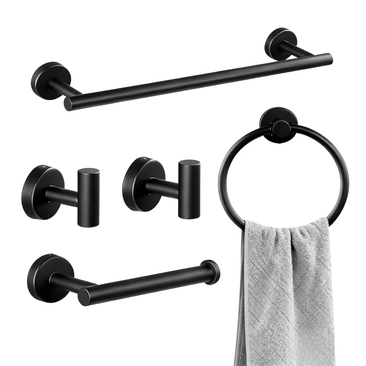 Black wall-mounted towel holder set, five pieces, 16-inch bar