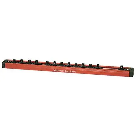 Red aluminium magnetic socket holder with twist-to-lock slots for 1/4 in sockets