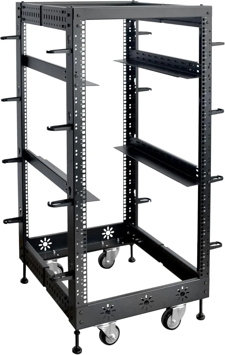 Black 22U 19-inch floor-standing server rack with adjustable depth 24 to 38 inches and load-bearing casters