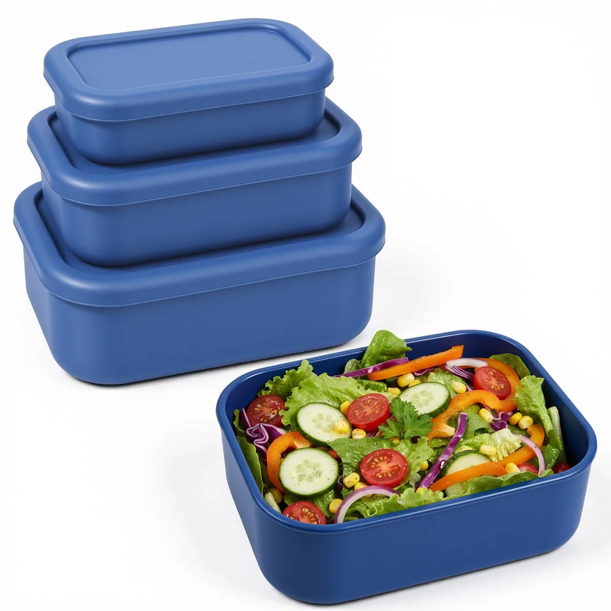 Three rectangular red silicone food containers with lids, nesting large medium small