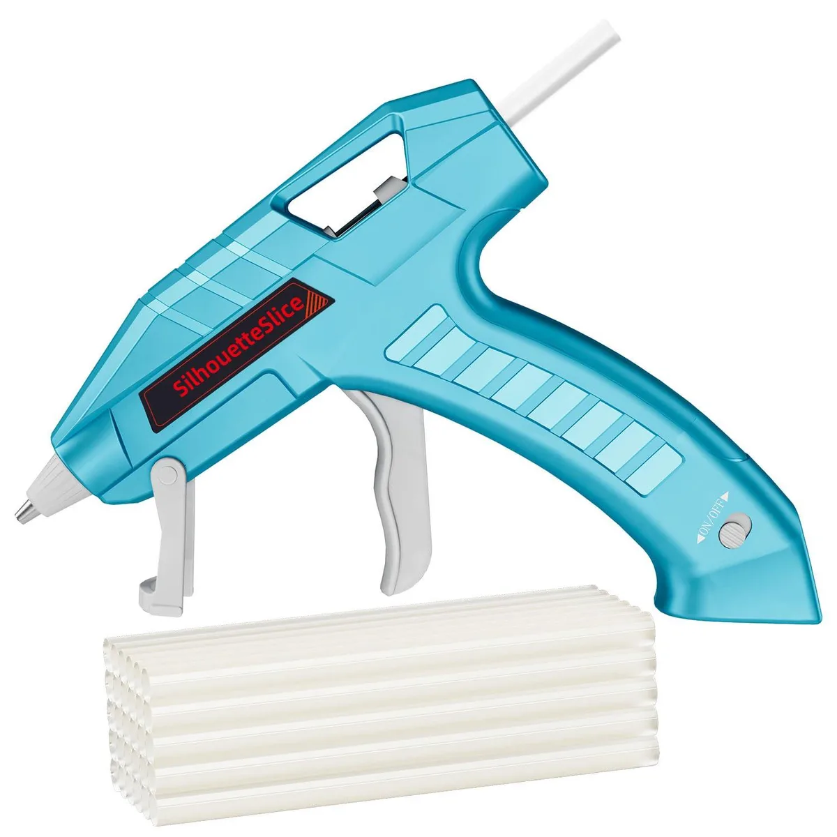 White cordless hot glue gun with 30 sticks and USB-C charging cable