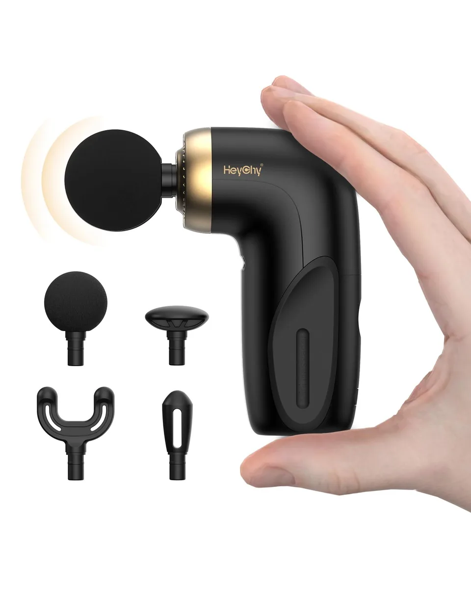 Compact blue handheld massage gun with textured grip